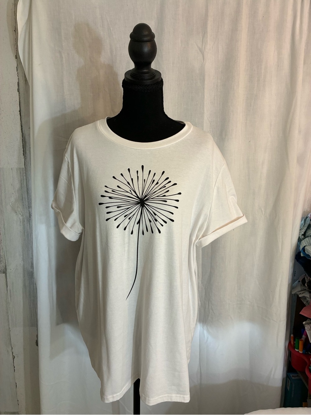 White Short Sleeve Tee with Black Dandelion Graphic